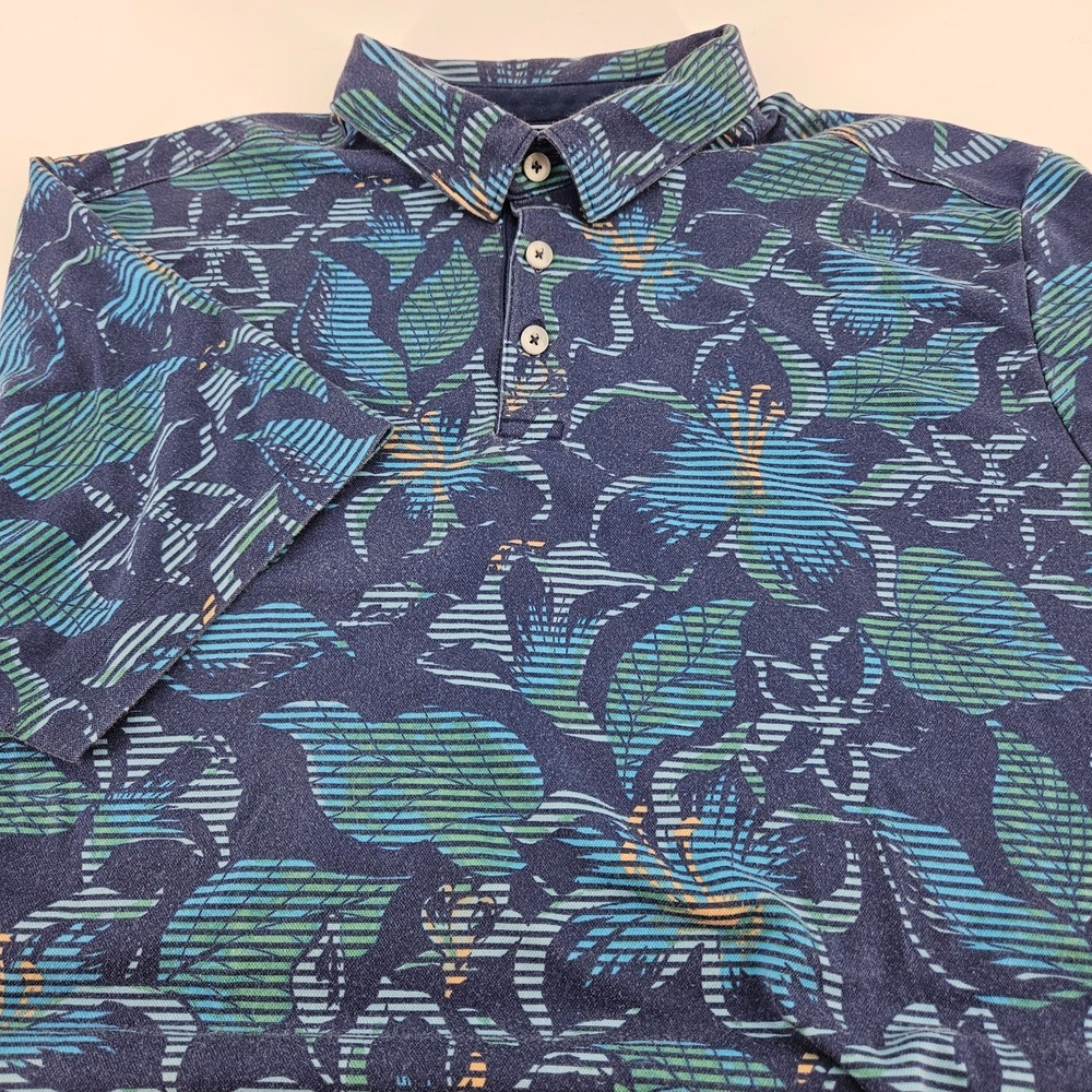 Tommy Bahama Men XL Polo Shirt Blue Green Floral Leaf Print Short Sleeve Cotton